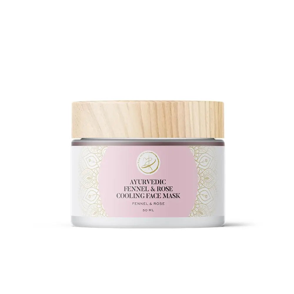 Kaia Skin Rose Fennel Mask powder with rose petals and fennel seed in an Ayurvedic ritual bowl