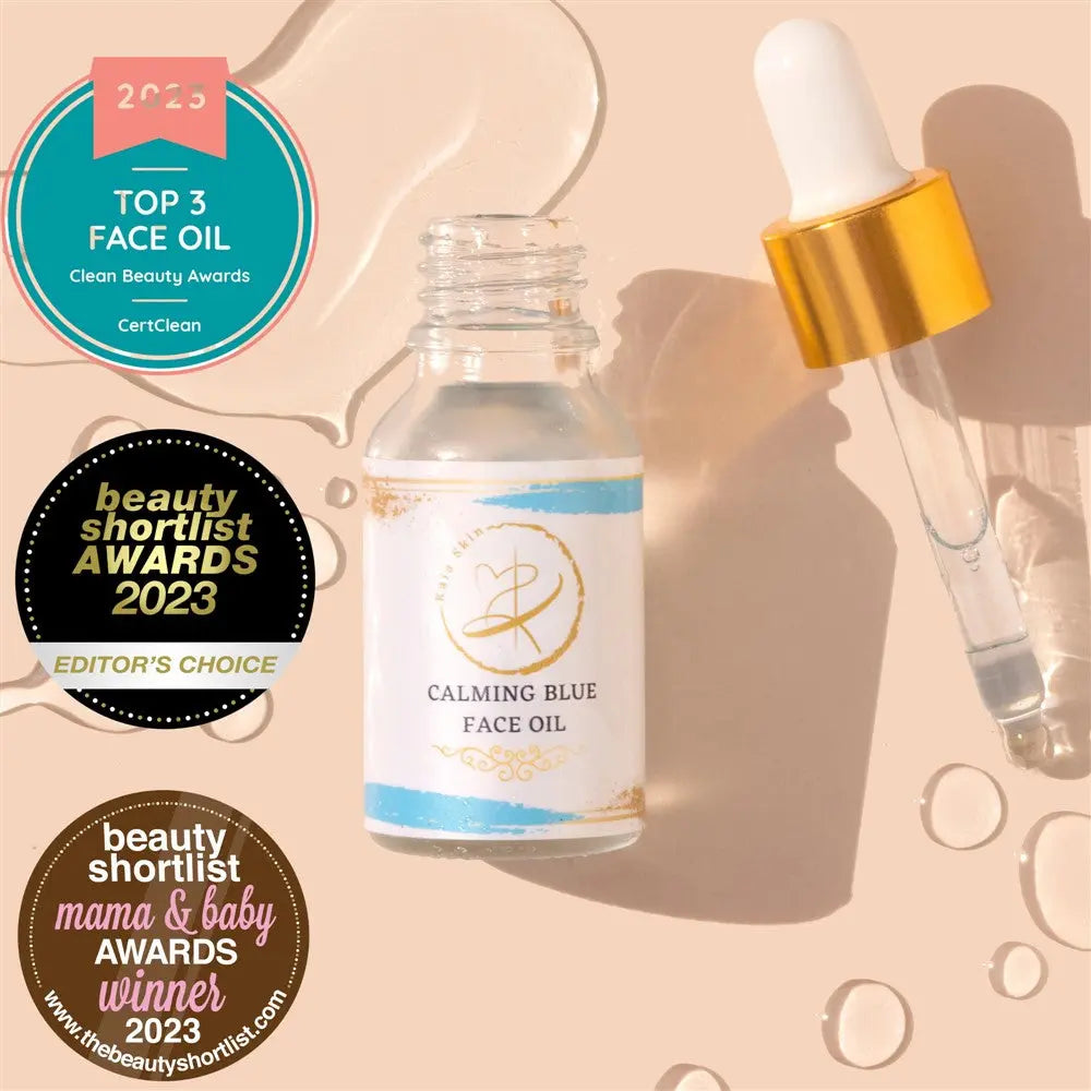 Kaia Skin Calming Blue Face Oil with Blue Tansy, Jasmine flowers, and olive squalane in a serene ritual setting