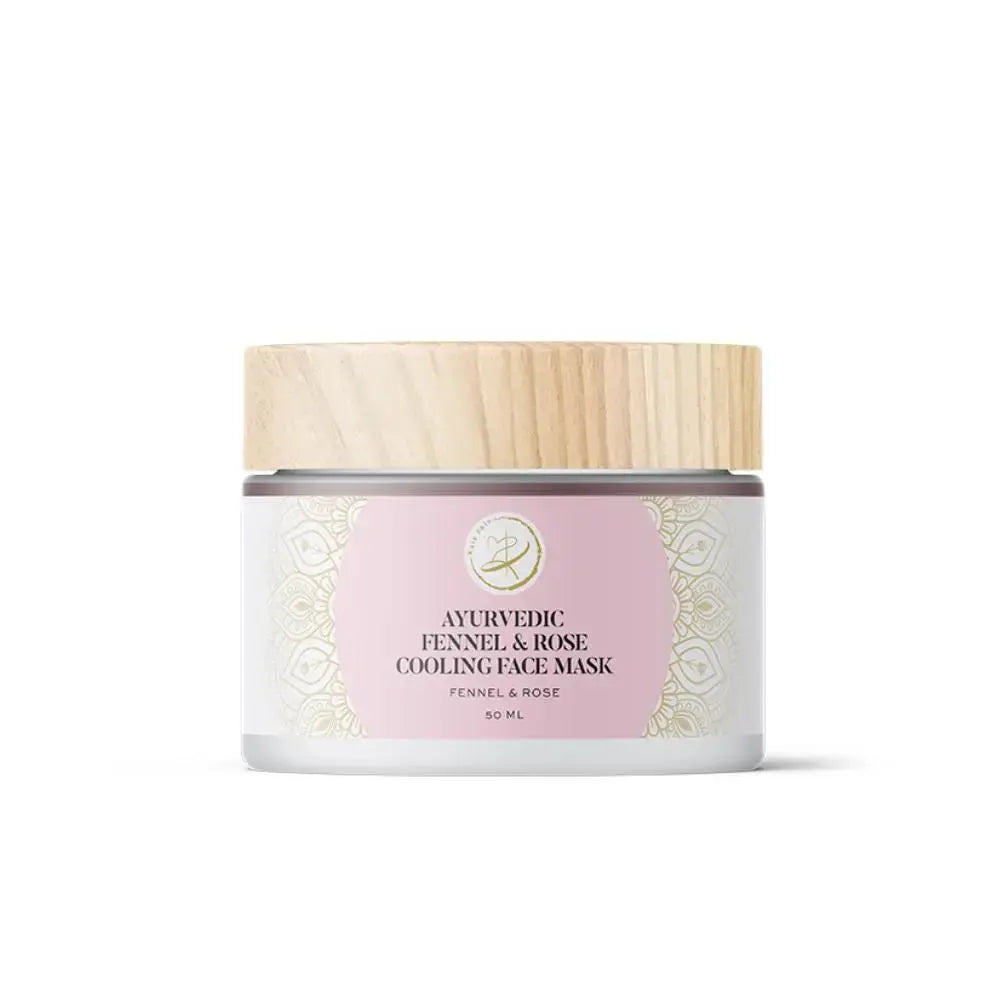 Kaia Skin Rose Fennel Mask powder with rose petals and fennel seed in an Ayurvedic ritual bowl
